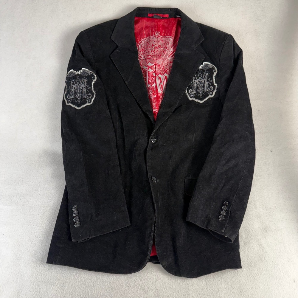 Franky Max Mens Medium Black Corduroy Blazer Red Paisley Lining Embroidered Coat